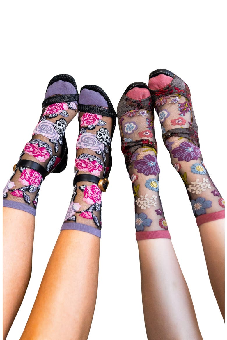 Midnight Blooms Sheer Crew Socks, Alternate, color, BLACK