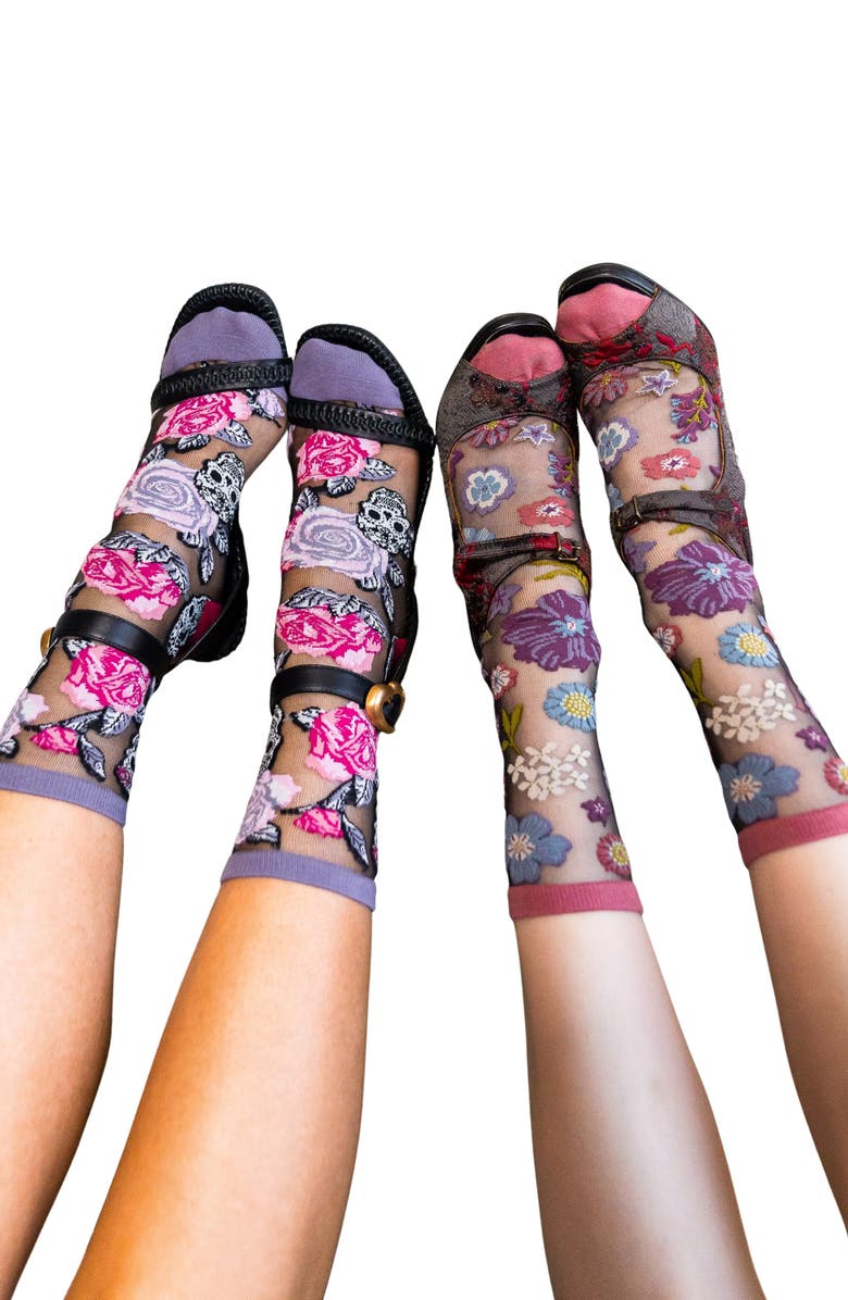 Sock Candy Midnight Blooms Sheer Crew Socks, Alternate, color, Black