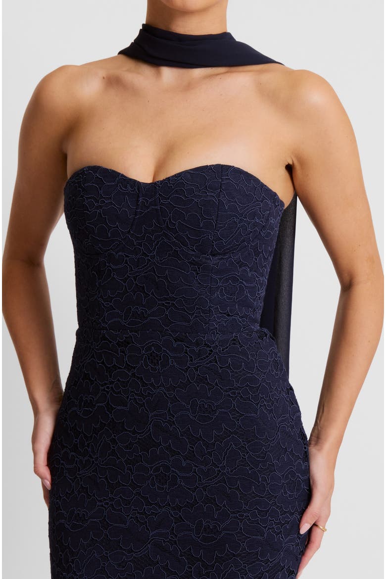 Lace Corset Maxi Dress With Neck Scarf, Alternate, color, Navy