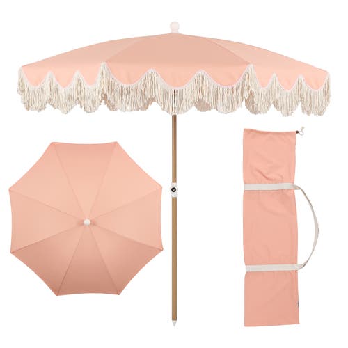 Jonathan Y Mariner 6.5 Ft. Classic Cottage Fringe Tassel Market Beach Umbrella With Push Button Tilt In Pink