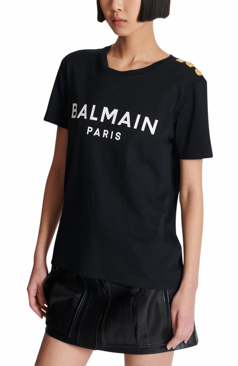 Balmain T-Shirt With Balmain Paris Print With Buttons, Alternate, color, Black