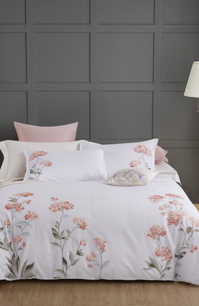 MELANGE HOME Orange Hydrangea Embroidery Duvet Cover Set, Alternate, color, Orange/ White