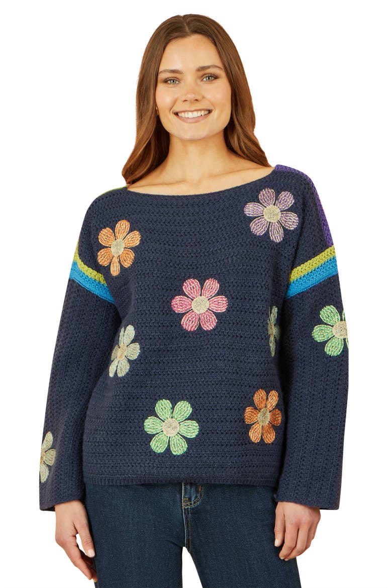 Crochet Flower Long Sleeve Jumper, Alternate, color, Navy