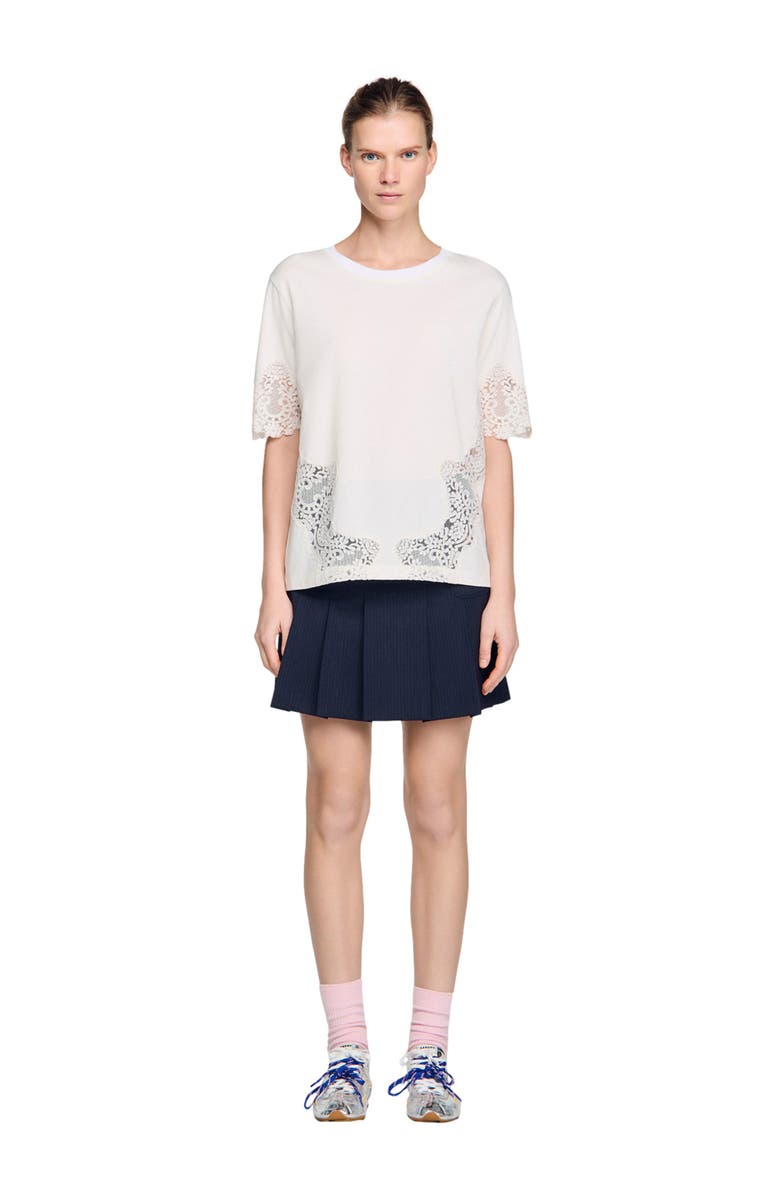 SANDRO Cotton T-shirt with lace detail, Alternate, color, Ecru