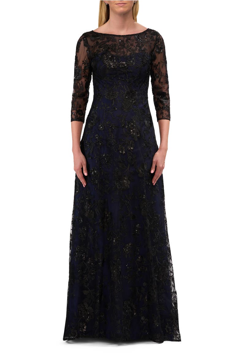 Mother of the Bride Dress with Full Skirt and Illusion Neckline, Main, color, Black/Navy