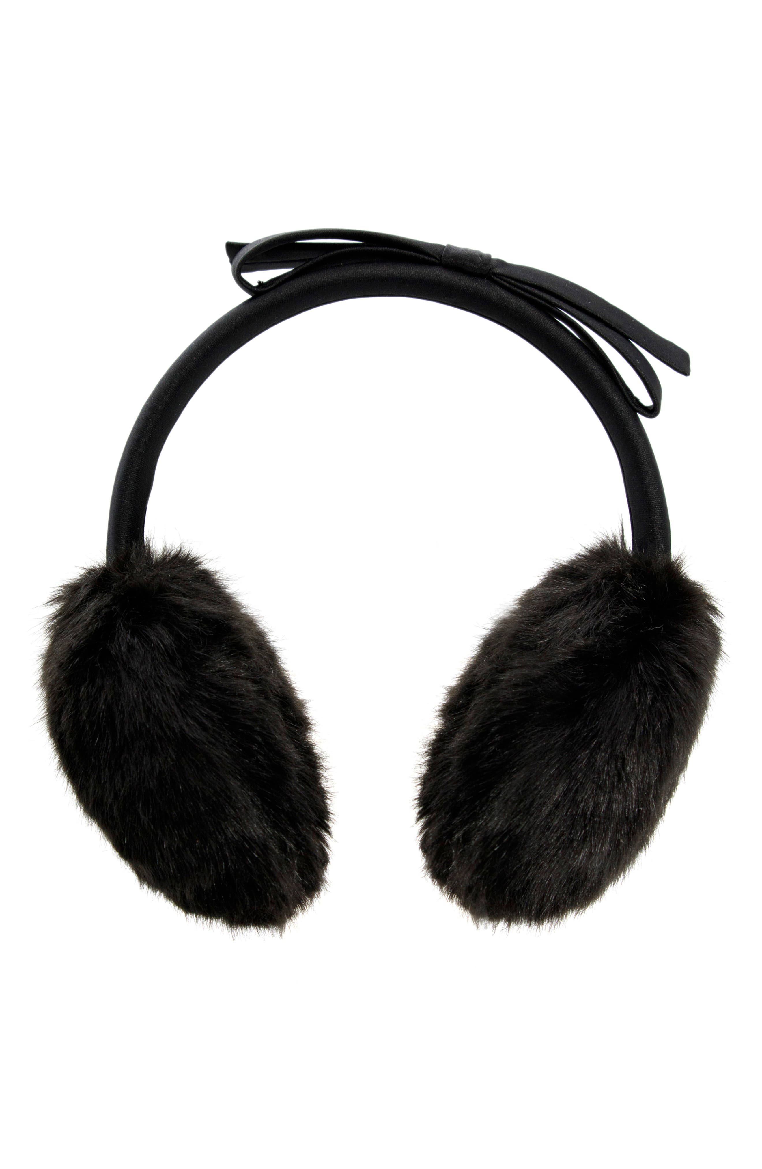Kate Spade New York shoelace bow faux fur earmuffs in Black 