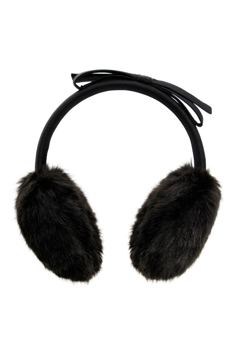 shoelace bow faux fur earmuffs, Main, color, BLACK