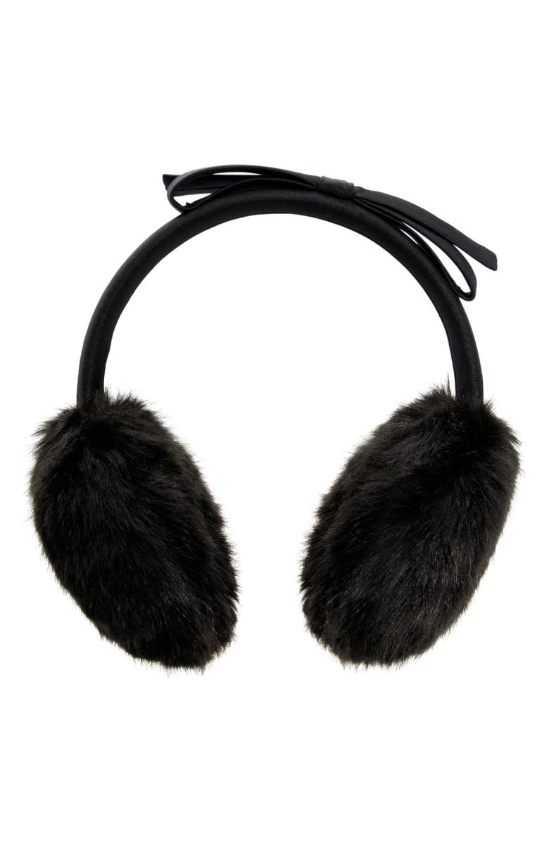Kate Spade New York shoelace bow faux fur earmuffs, Main, color, Black