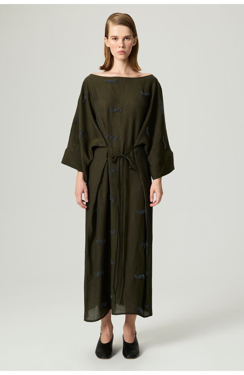 Nocturne Embroidered Crinkle-Knit Kimono Maxi Dress, Main, color, Khaki
