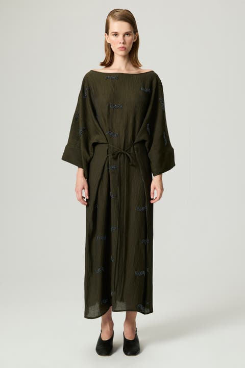 Embroidered Crinkle-Knit Kimono Maxi Dress