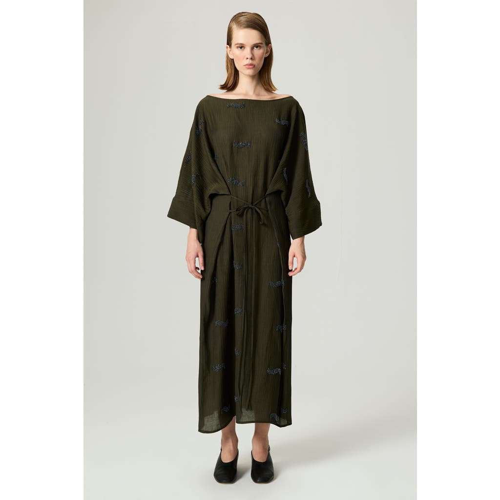 Nocturne Embroidered Crinkle-knit Kimono Maxi Dress In Brown