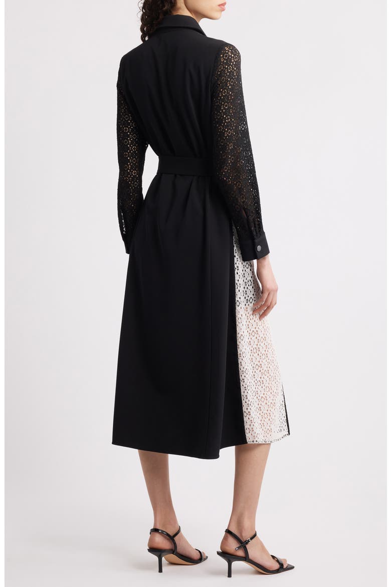 Tie Waist Long Sleeve Lace Midi Dress, Alternate, color, BLACK/ WHITE