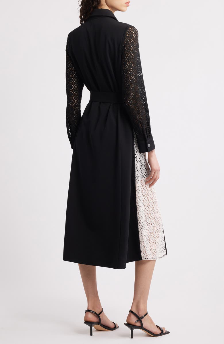 Misook Tie Waist Long Sleeve Lace Midi Dress, Alternate, color, Black/ White