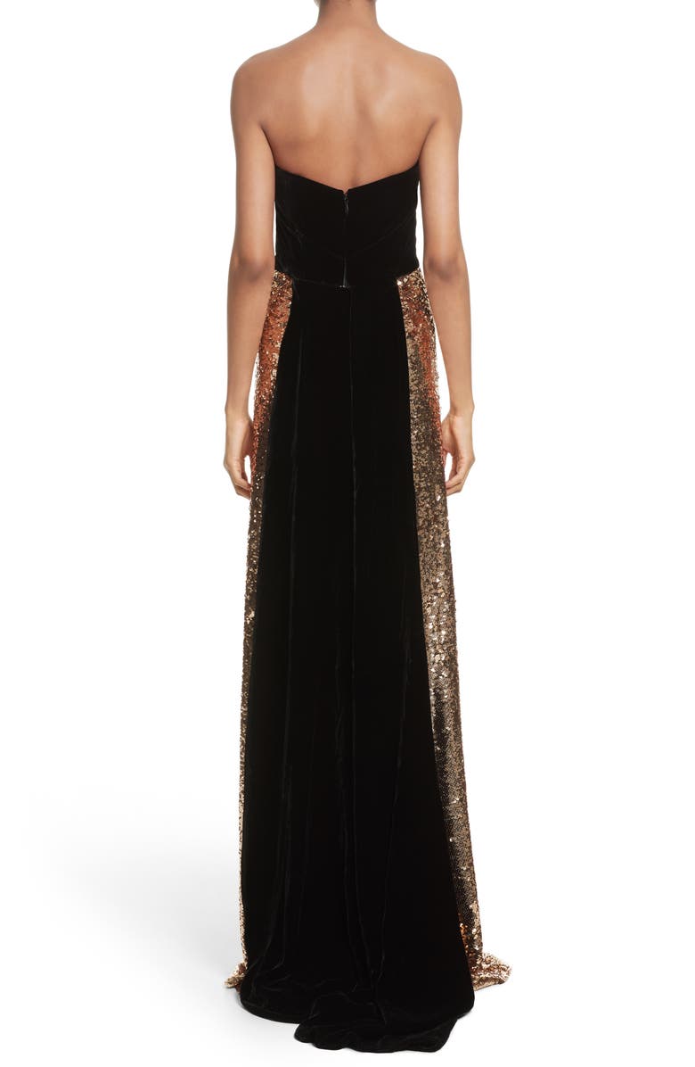 Monique Lhuillier Strapless Velvet & Sequin Gown, Alternate, color, 