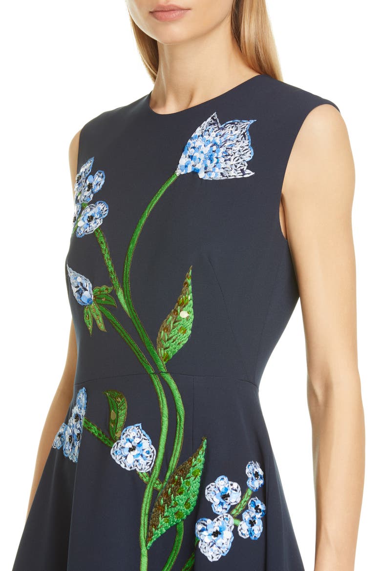 Floral Embroidered Stretch Crepe Midi Dress, Alternate, color, NAVY