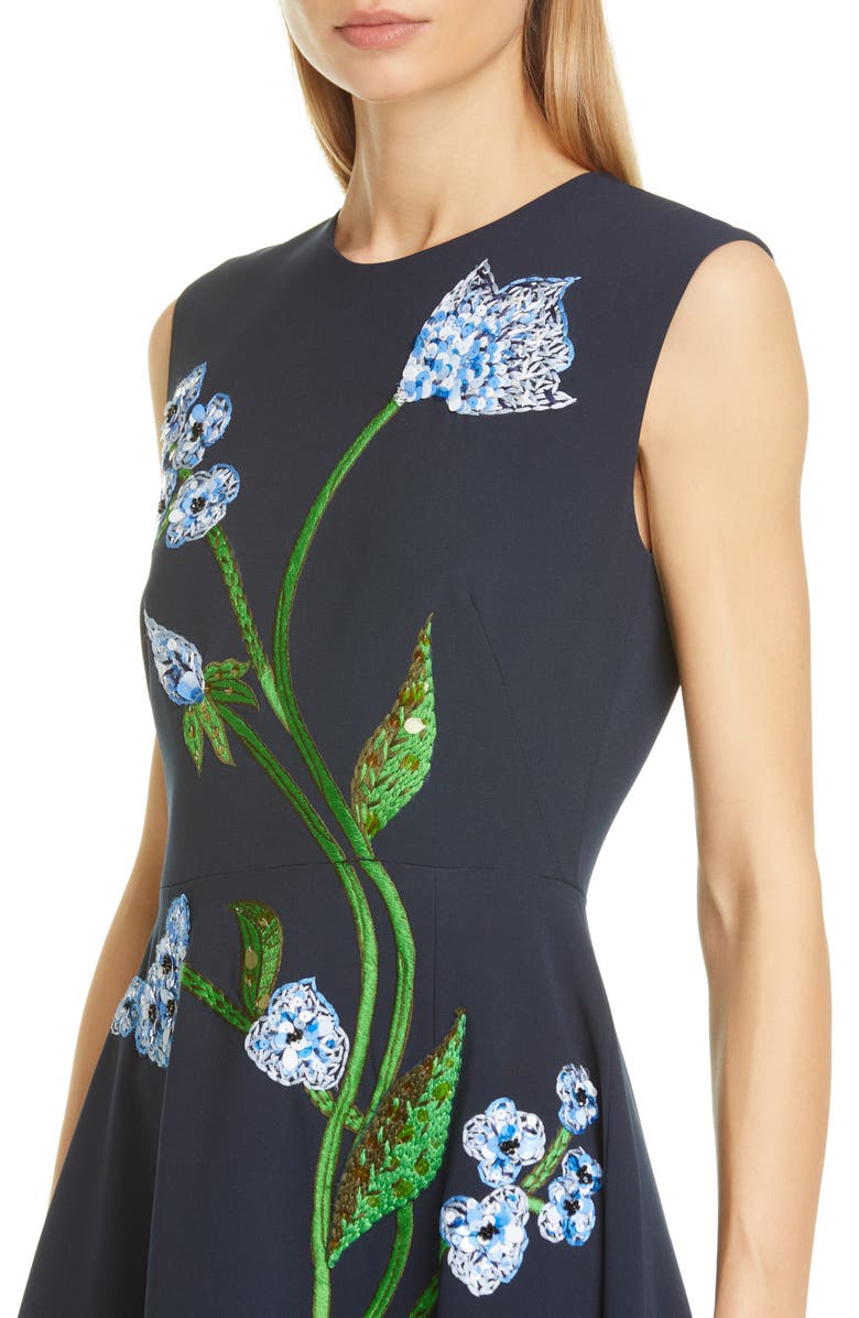 Lela Rose Floral Embroidered Stretch Crepe Midi Dress, Alternate, color, 