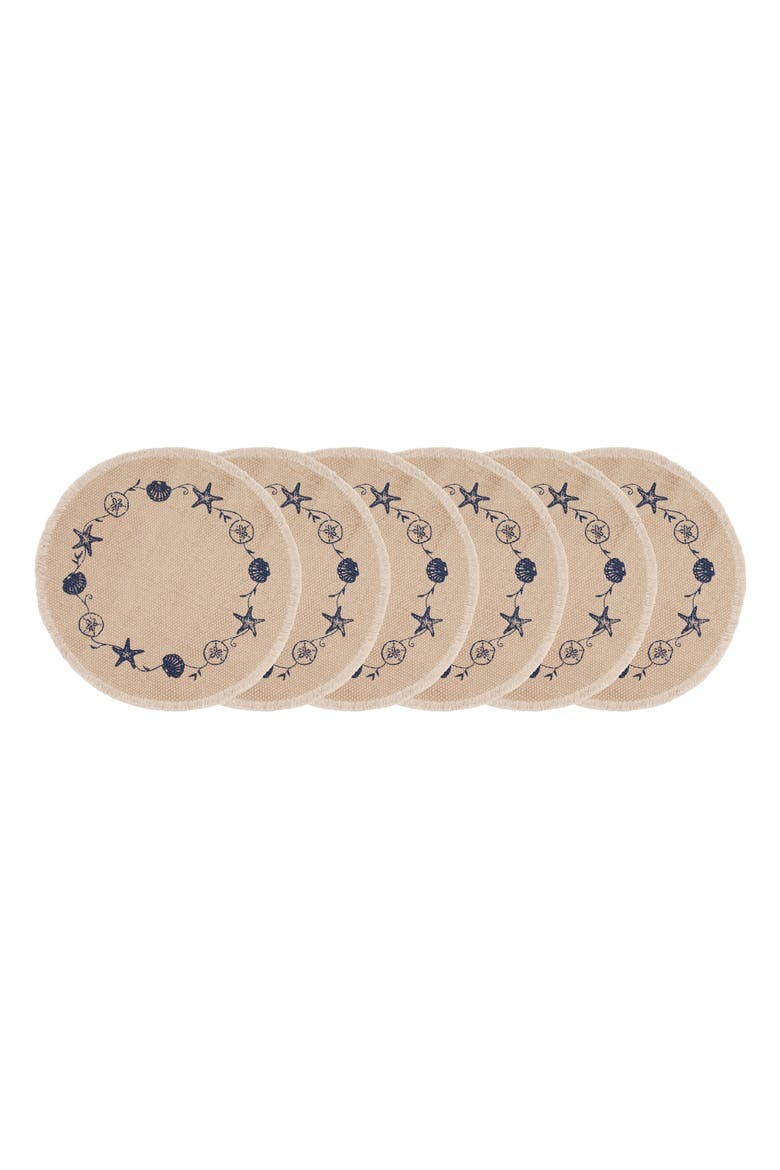 Fringed Blue Shell Printed Round Set of 6 Placemats 15", Main, color, Beige