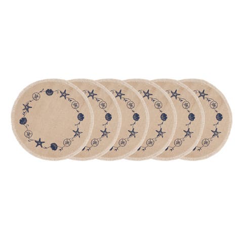 Fringed Blue Shell Printed Round Set of 6 Placemats 15"