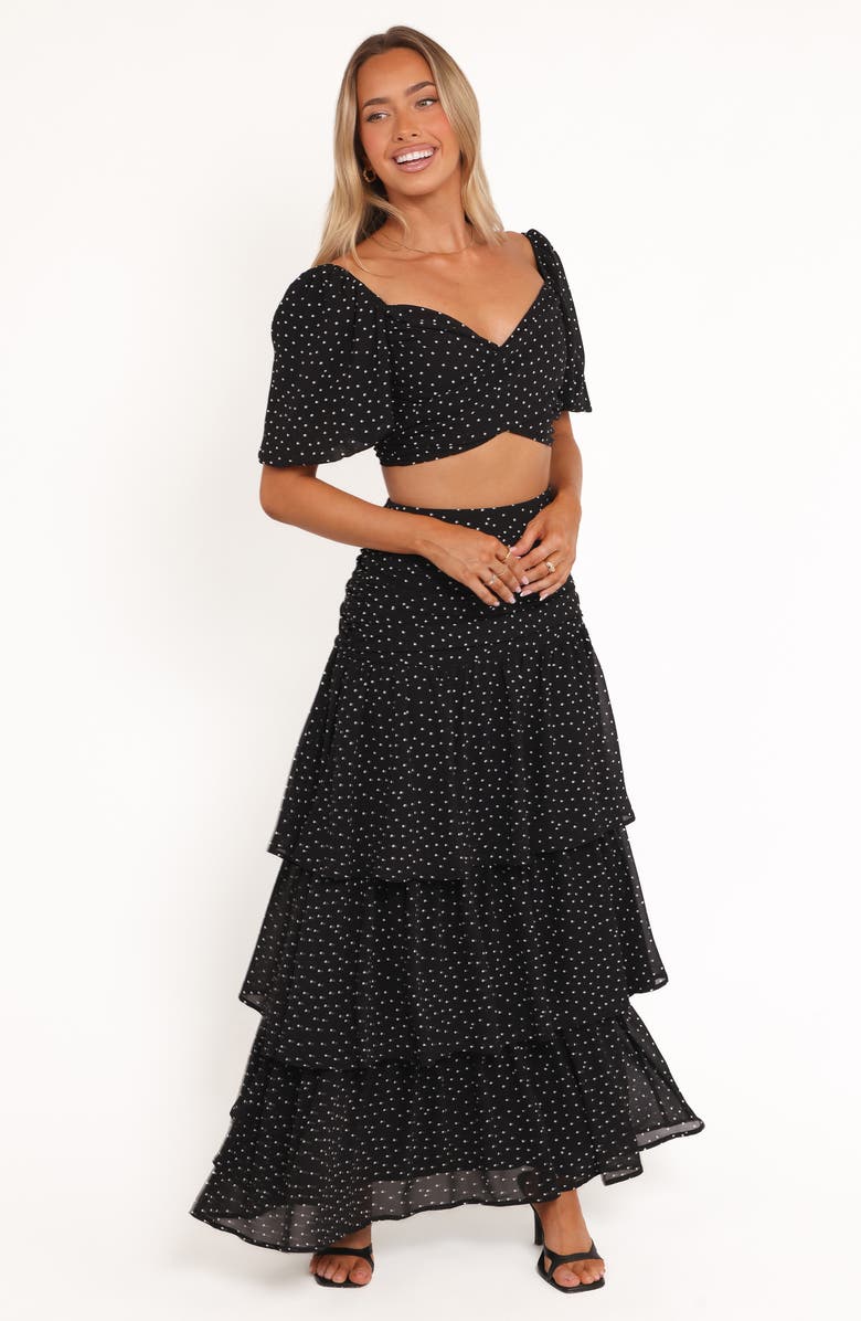 Petal & Pup Selina Polka Dot Crop Top & Tiered Maxi Skirt Set, Alternate, color, Black Polka Dot