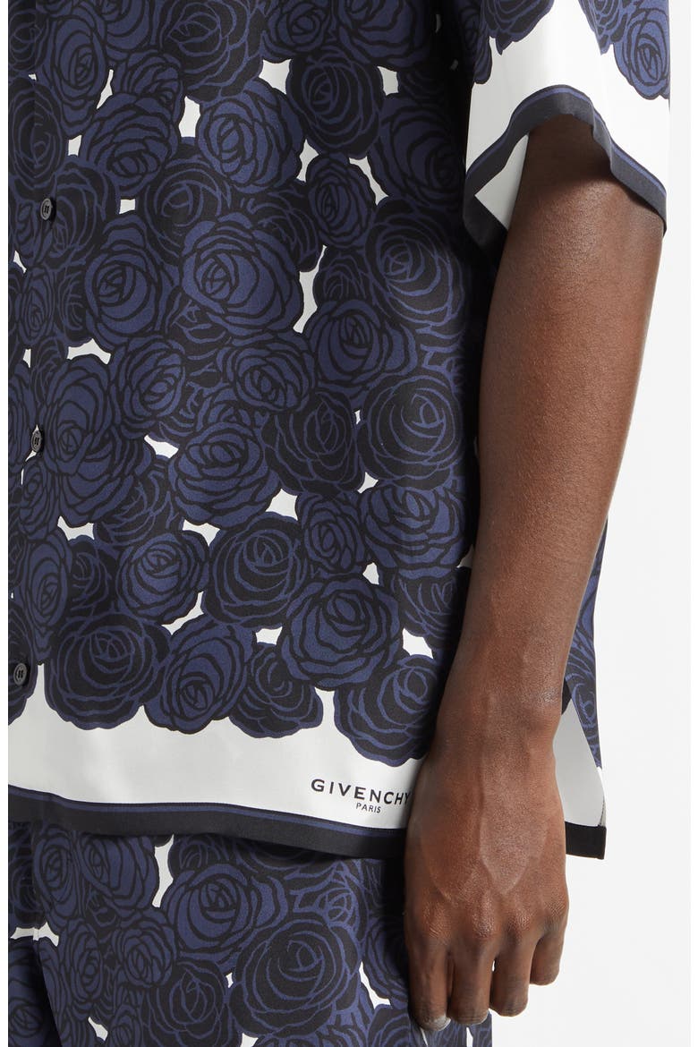 Rose Print Silk Twill Camp Shirt, Alternate, color, DARK NAVY