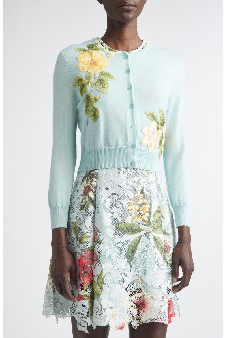 Chiné Embroidered Dominican Floral Wool Cardigan, Alternate, color, SALTWATER