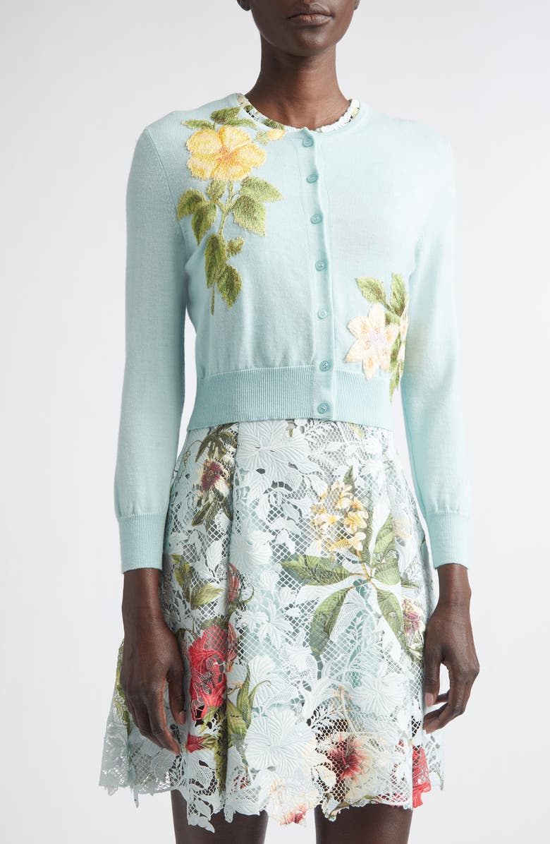 Oscar de la Renta Chiné Embroidered Dominican Floral Wool Cardigan, Alternate, color, Saltwater