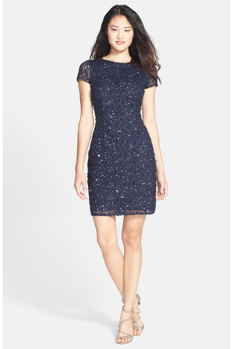Sequin Mesh Sheath Dress, Alternate, color, NAVY
