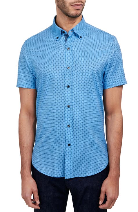 Slim Fit Geometric Print Short Sleeve 4-Way Stretch Performance Button-Up Shirt