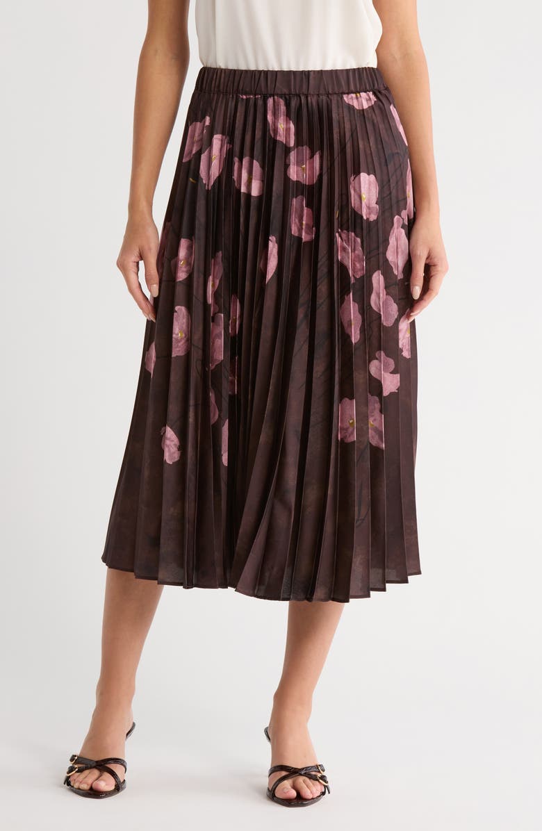 T Tahari Knife Pleated Pull-On Midi Skirt, Main, color, Chocolate Pink Flower