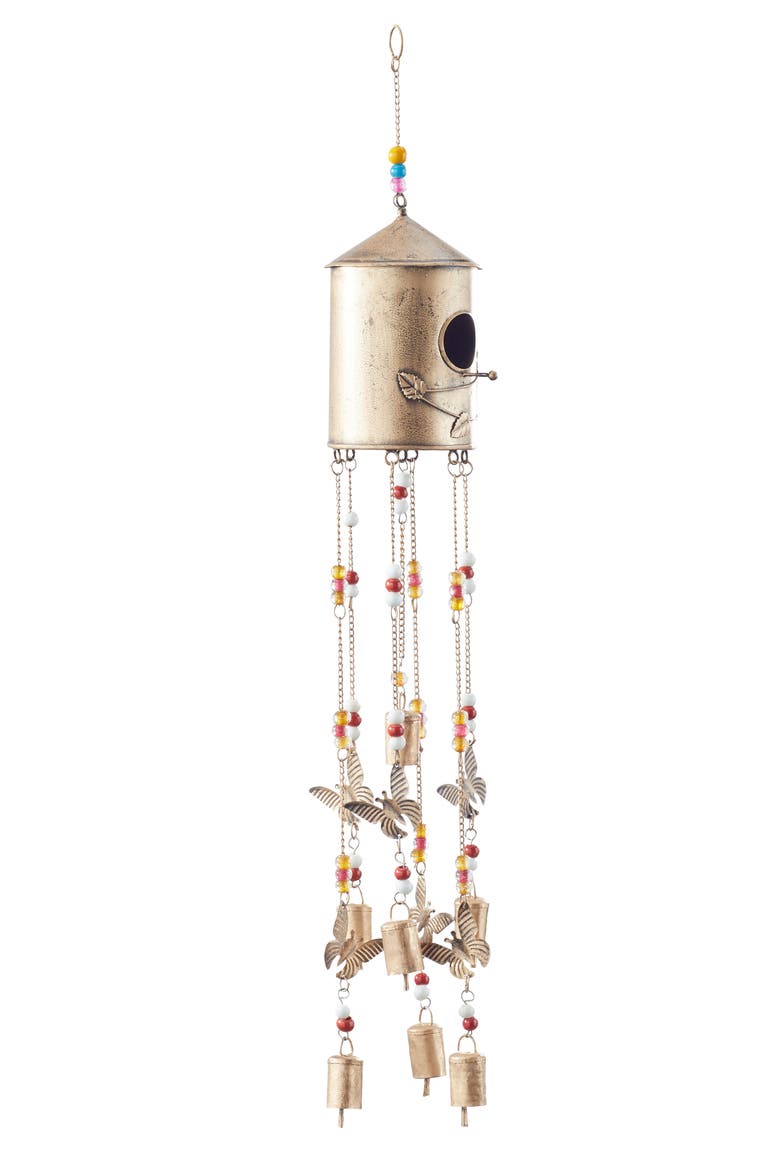 with Glass Beads and BellsWindchimeBronze Metal Indoor Outdoor Birdhouse Butterfly, Alternate, color, BRONZE
