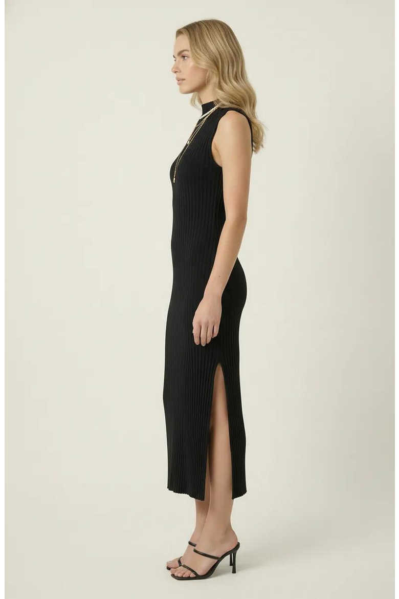 Sleeveless Ribbed Knit Midi Dress with Side Slit and High Neckline, Alternate, color, Black