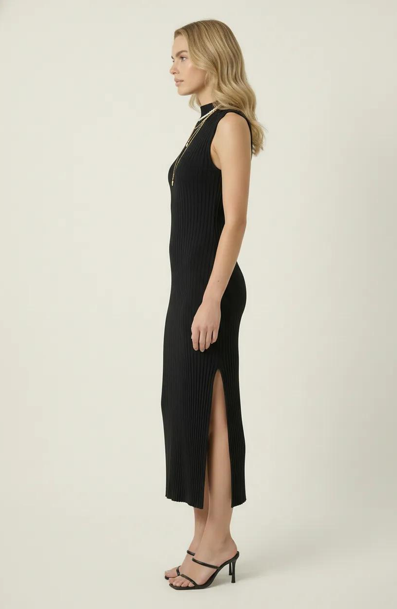Modenaire Sleeveless Ribbed Knit Midi Dress with Side Slit and High Neckline, Alternate, color, Black
