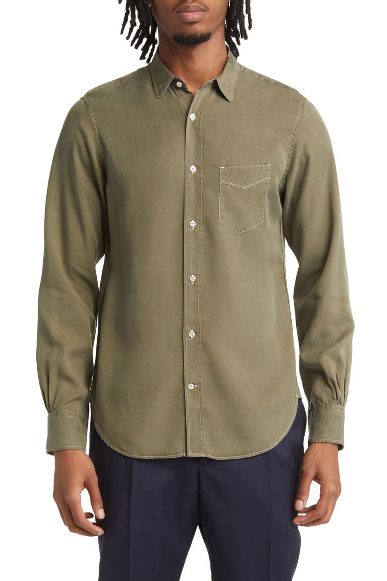 Garment Dyed Lyocell Button-Up Shirt, Main, color, OLIVE BONSAI