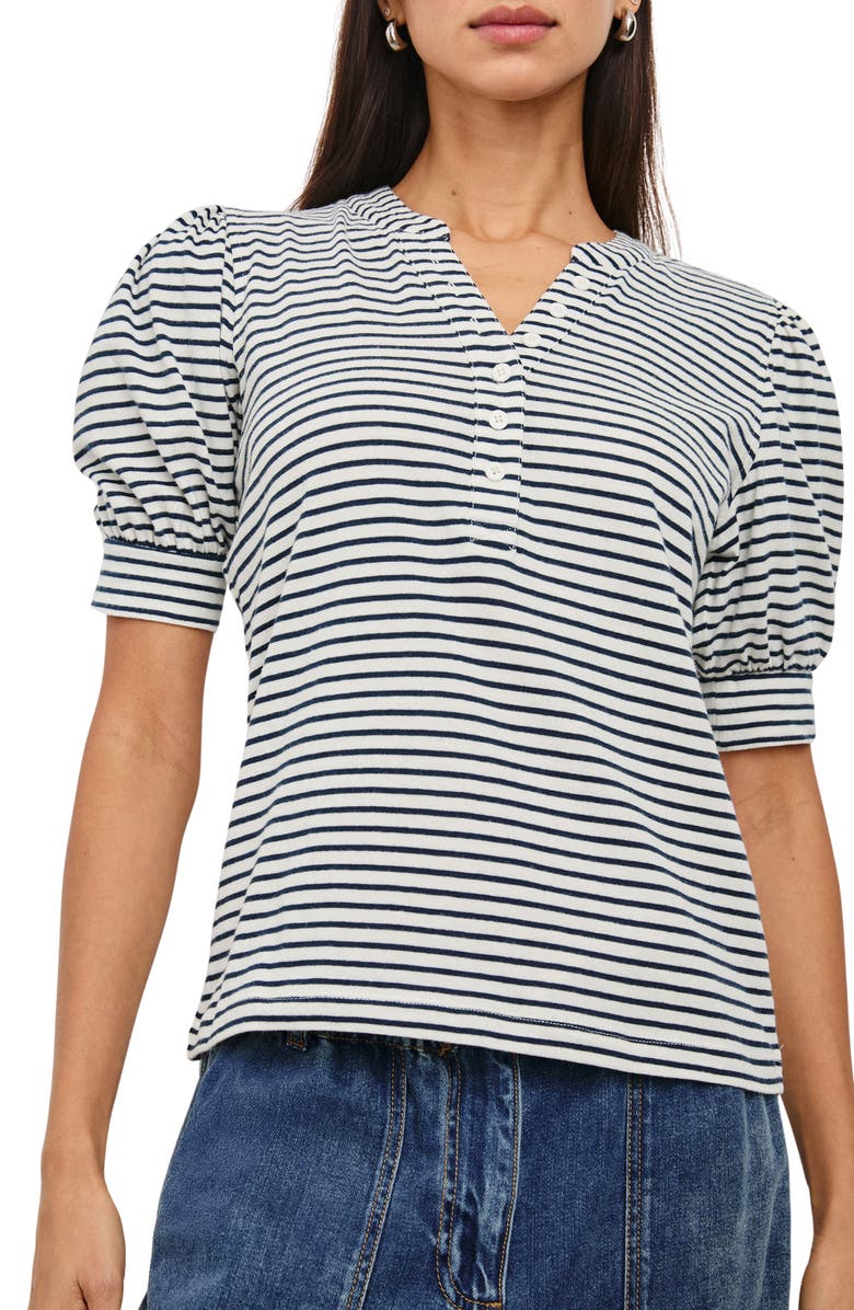 Rails Jewel Puff Sleeve Henley, Main, color, Ivory Navy Micro Stripe