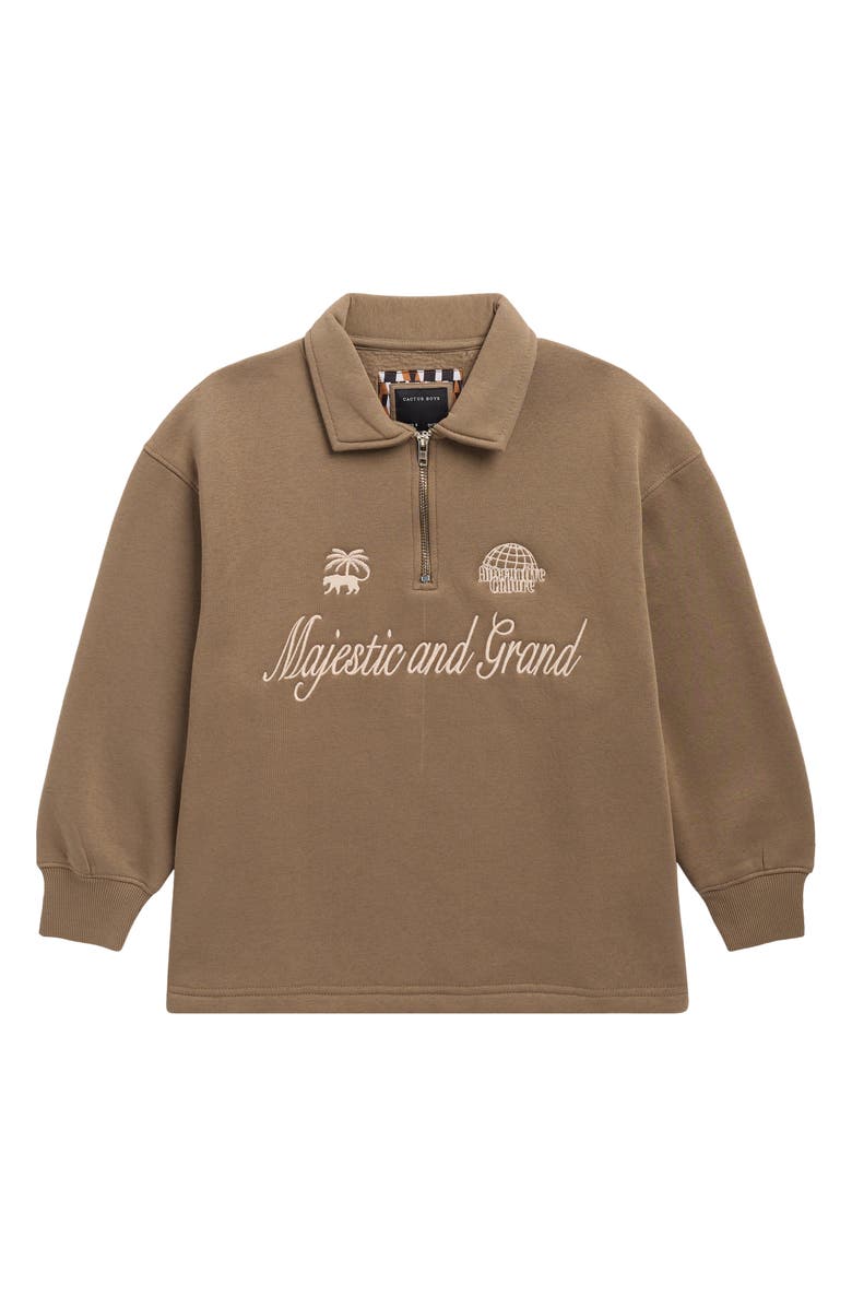 DENIM AND FLOWER Kids' Embroidered Quarter Zip Pullover, Main, color, Light Brown