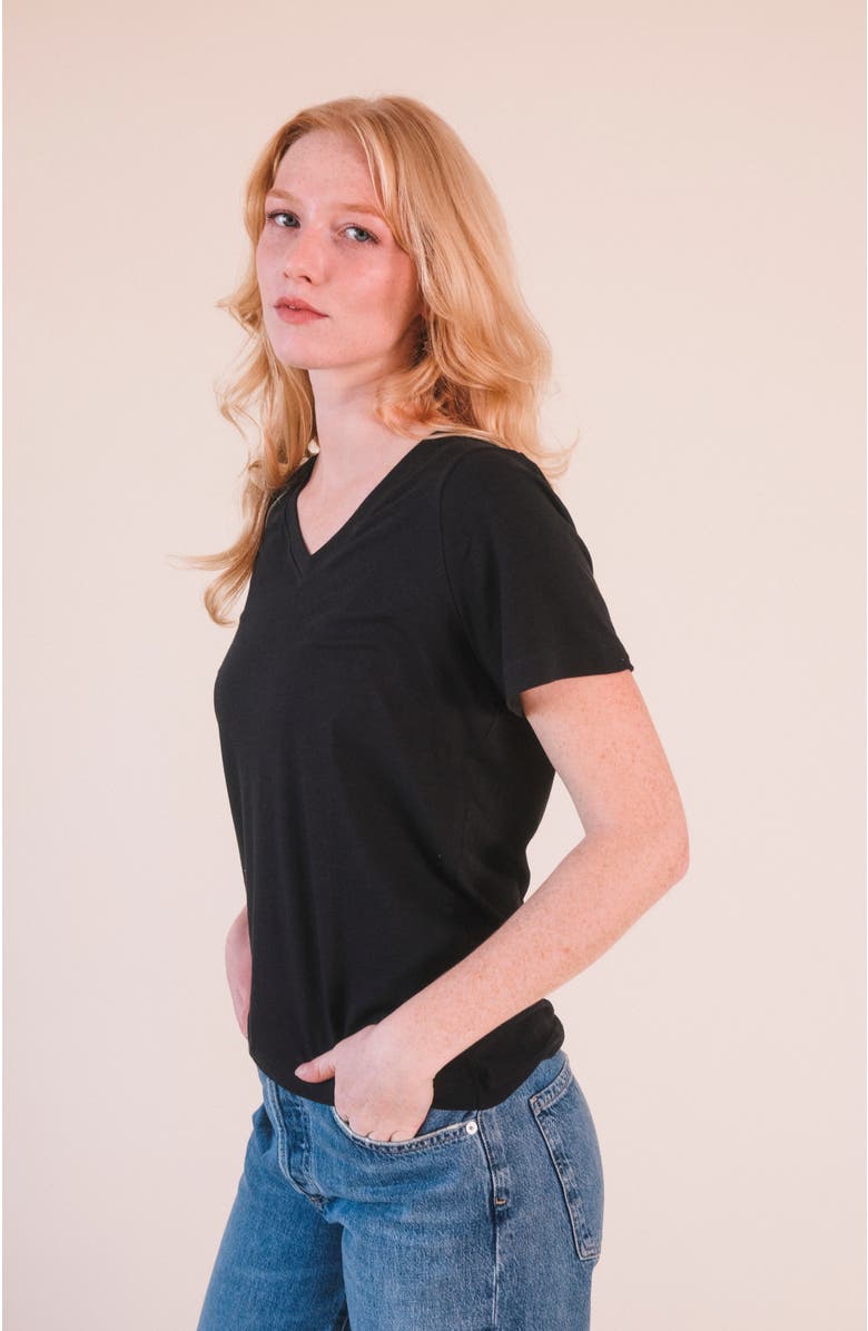 POPLINEN Louise Organic Cotton + Tencel V-neck Tee, Alternate, color, Black