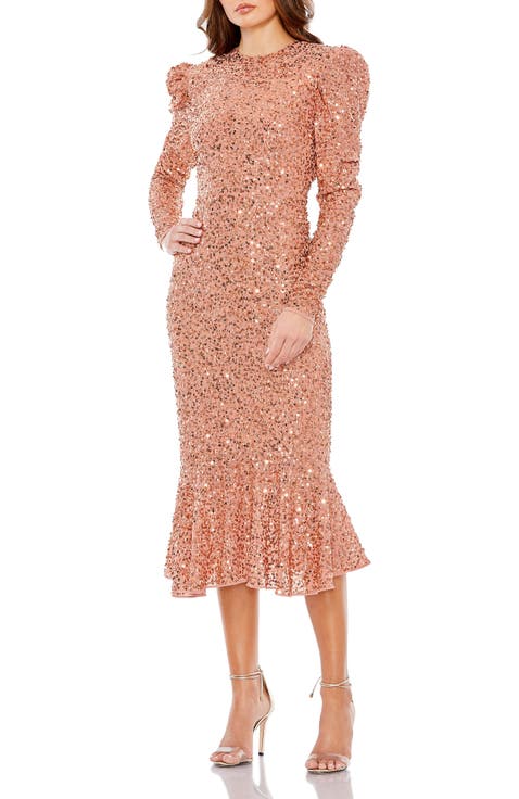Sequined Long Sleeve High Neck Trumpet Dress