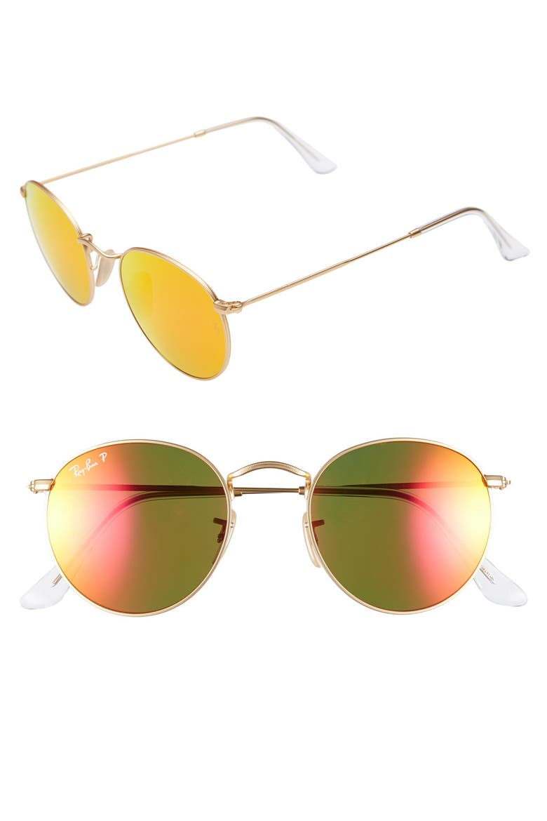 50mm Round Polarized Sunglasses, Main, color, GOLD/ ORANGE MIRROR