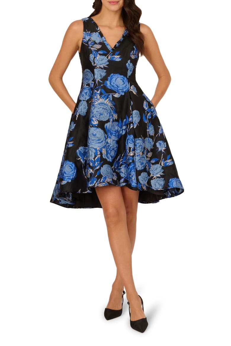Floral Jacquard Fit & Flare Dress, Main, color, BLUE/ BLACK MULTI