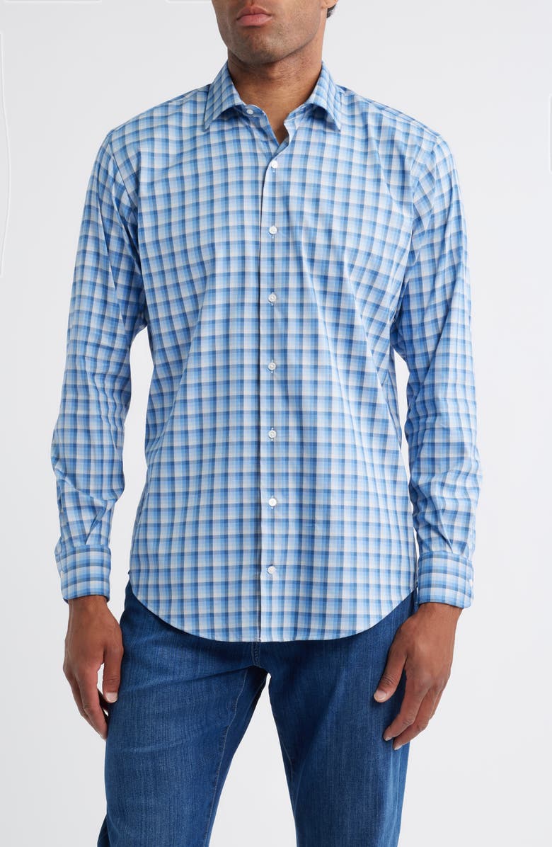 Peter Millar Crown Light Plaid Button-Up Shirt, Main, color, Evening Tide