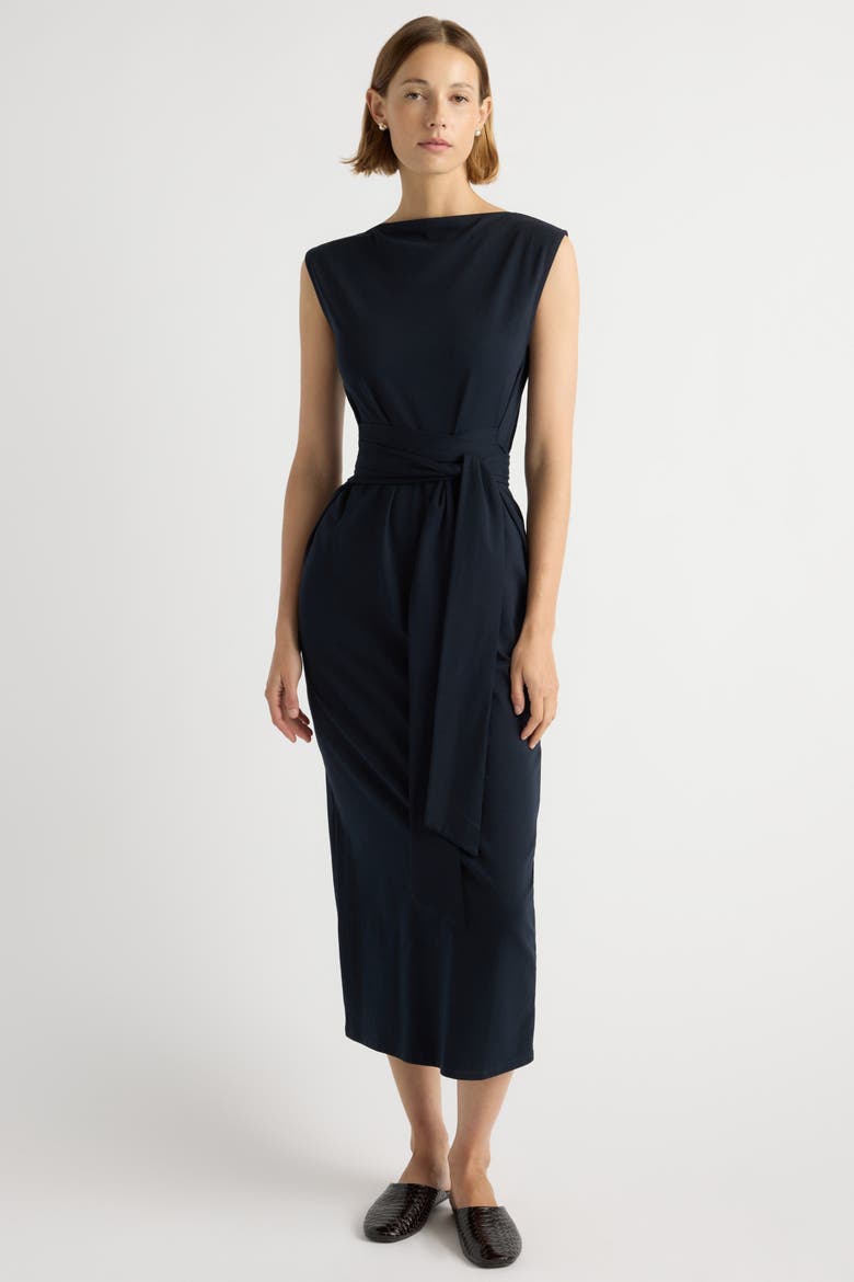 Edina Tie-Front Slit-Neck Dress, Alternate, color, Deep Navy