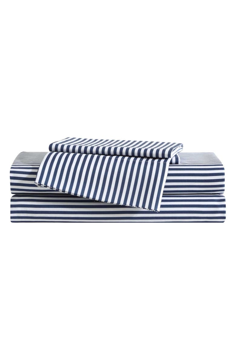 Eddie Bauer Vivid Stripe Microfiber Sheet Set, Main, color, White/ Moon Blue