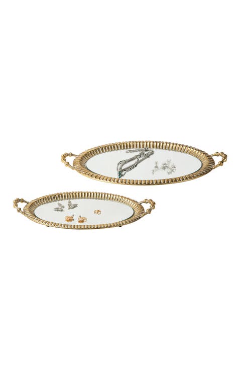 Set of 2 Oval Metal Gold Mirrored Decorative Tray with Handles