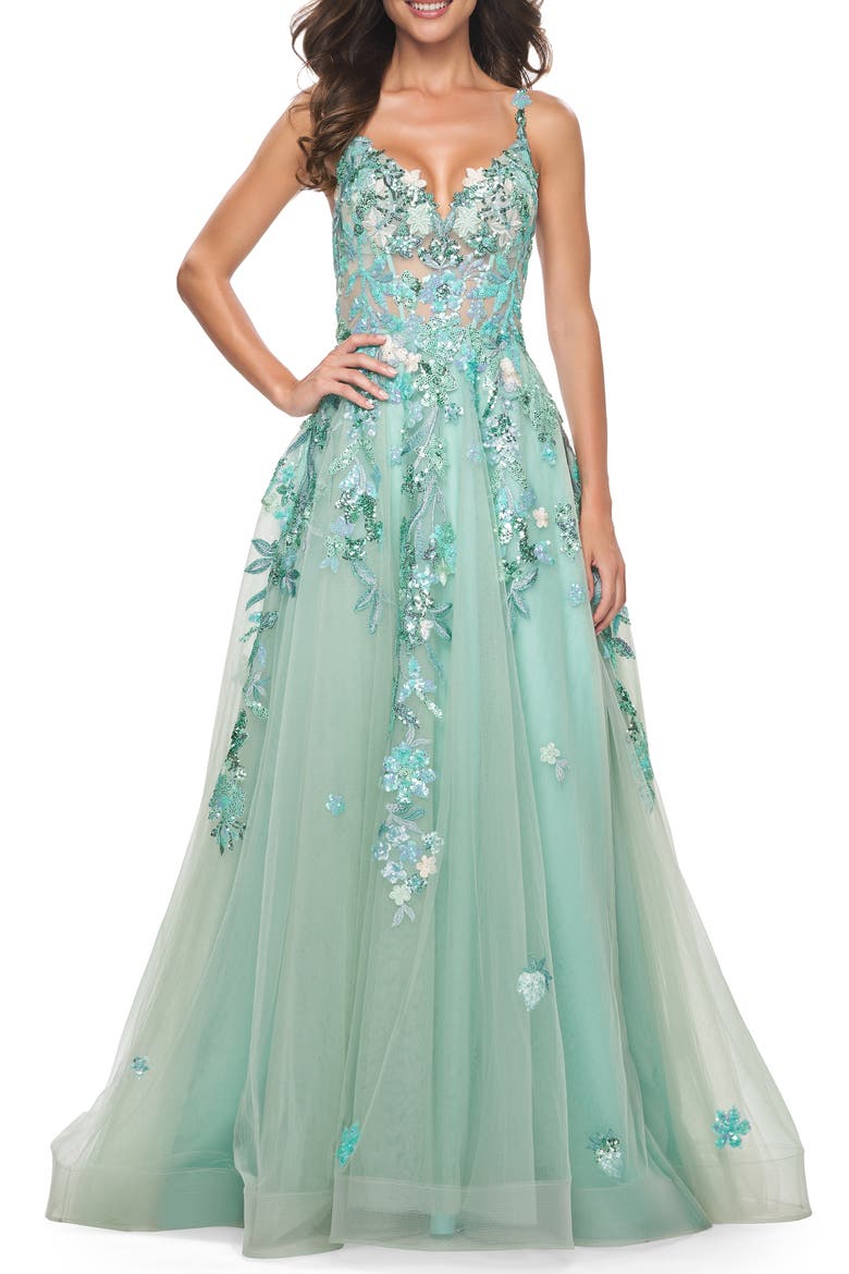 Sequin Floral Lace Applique A-Line Tulle Dress, Alternate, color, Sage