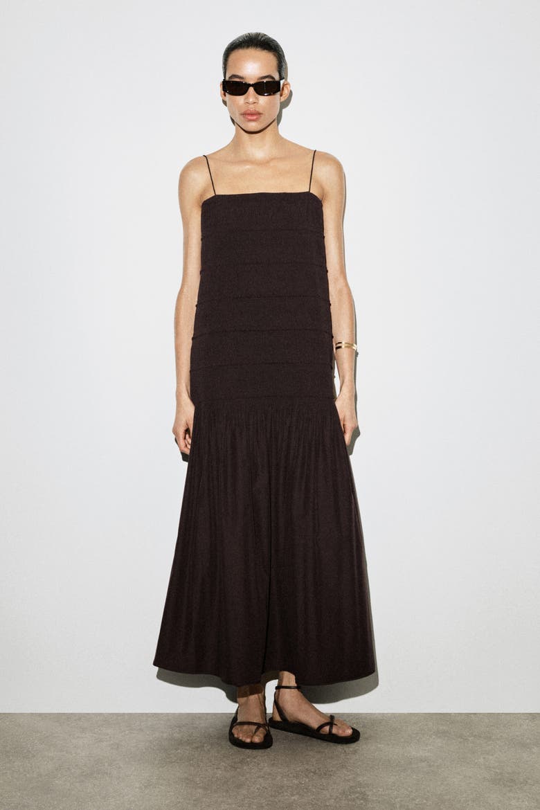 Ruched Dropped-waist Poplin Midi Dress, Main, color, DARK BROWN