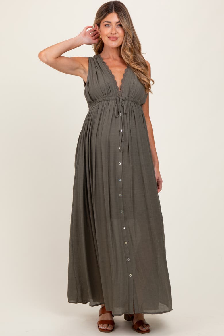 Deep V-Neck Sleeveless Button Down Maxi Dress, Alternate, color, Olive Green