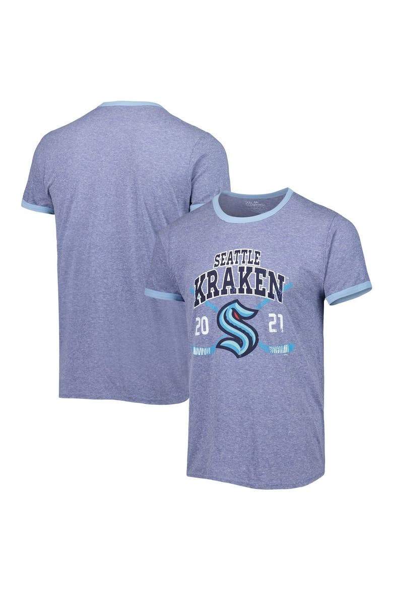 Men's Fanatics Branded Heathered Deep Sea Blue Seattle Kraken Buzzer Beater Tri-Blend Ringer T-Shirt, Main, color, Navy