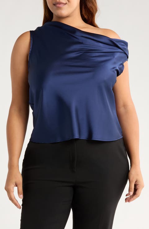 Cowl Off Shoulder Satin Top (Plus)
