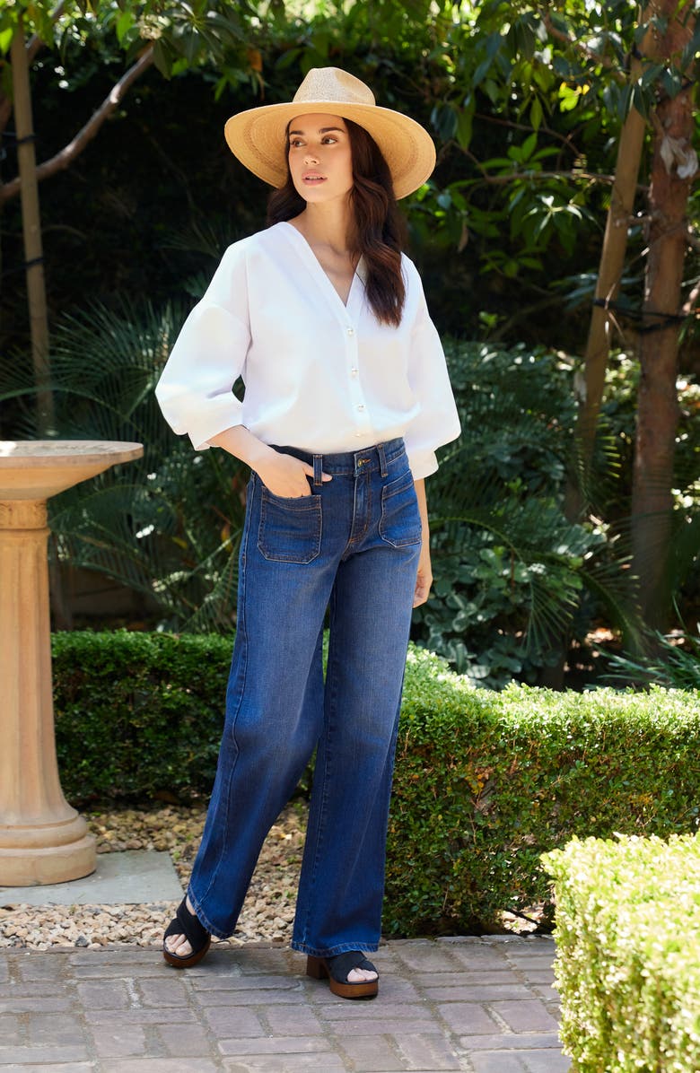 Karen Kane Lantern Sleeve Cotton Button-Up Shirt, Alternate, color,