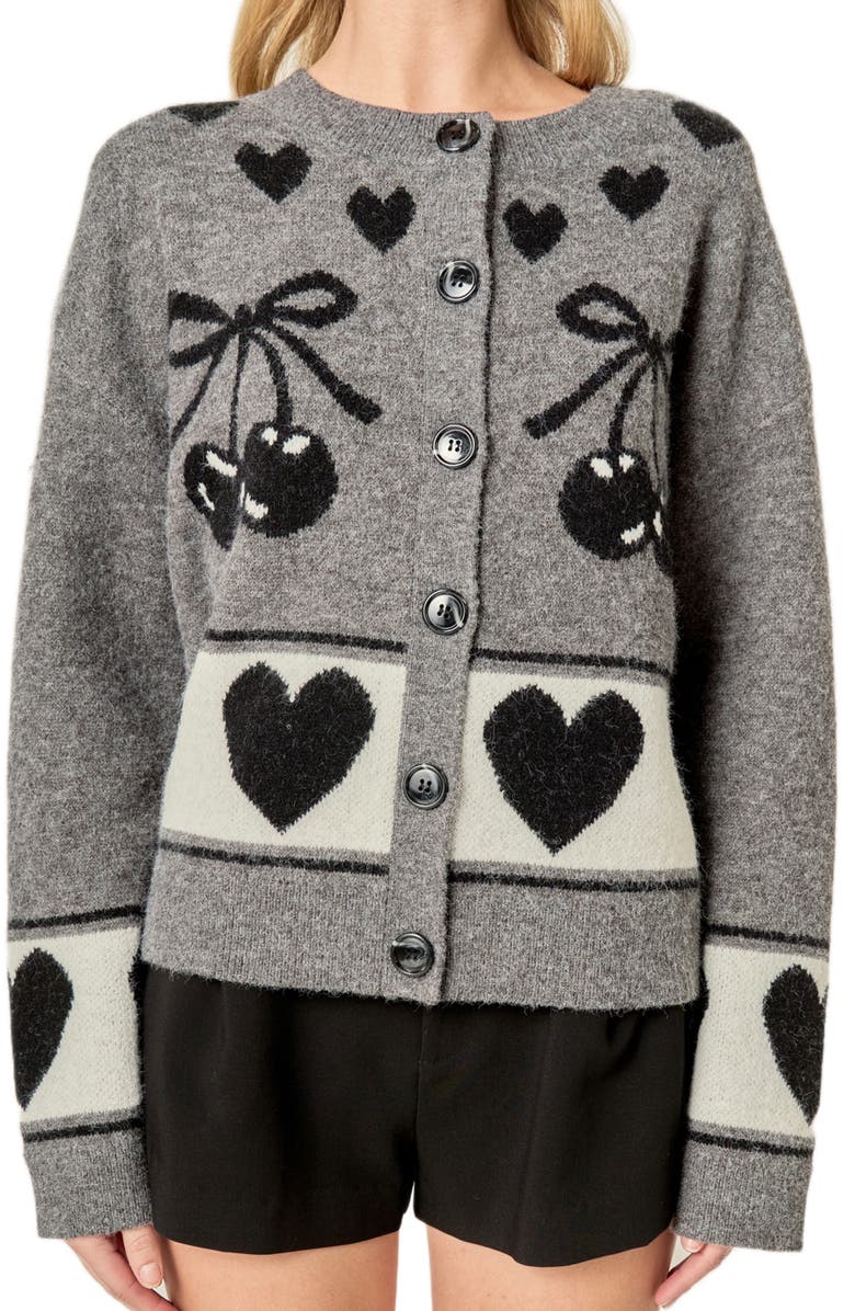 English Factory Cherry Heart Cardigan, Alternate, color, Charcoal Multi